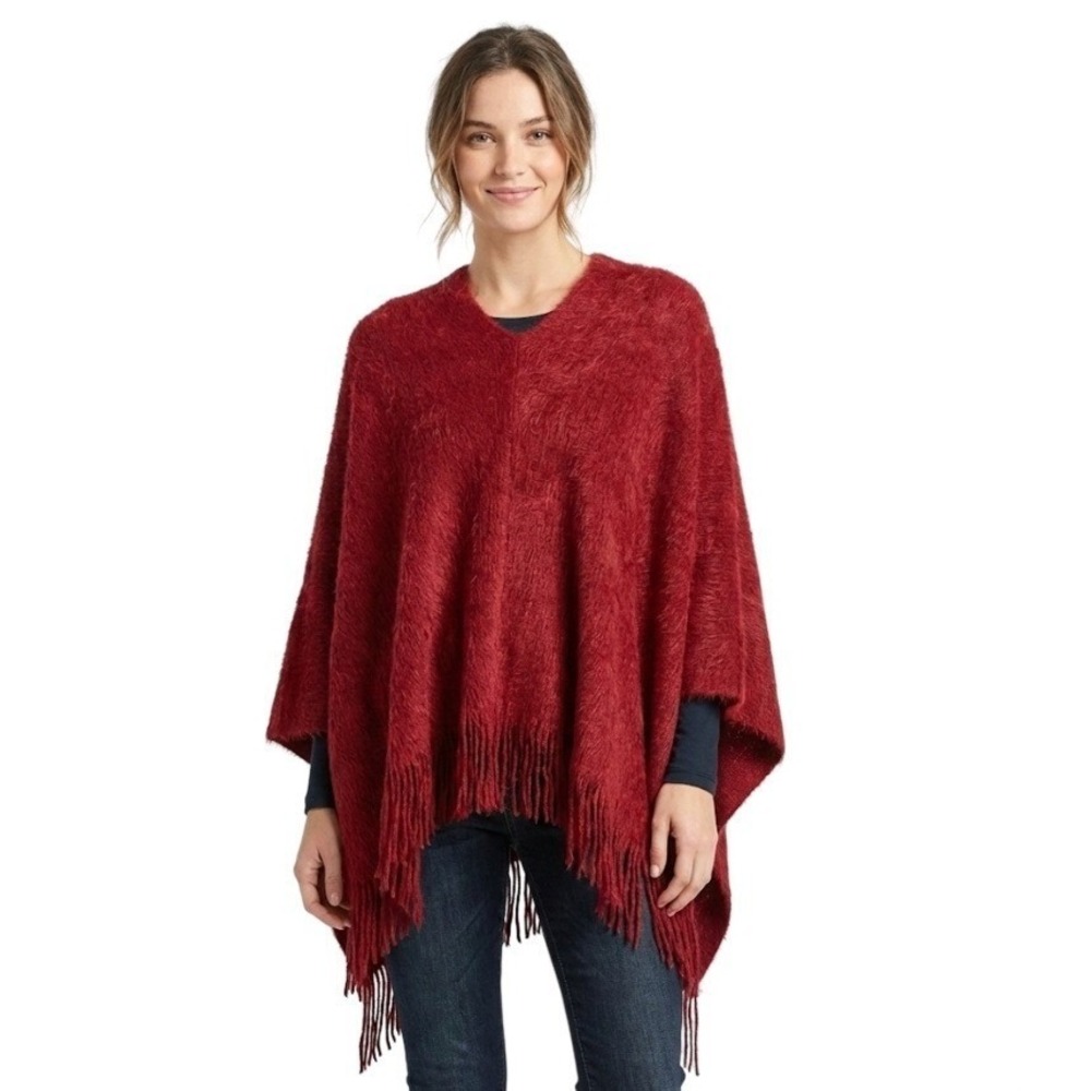 Molly Bracken Shawl Wrap‎ Womens One Size Red Fringe Knit Pashmina Winter Poncho